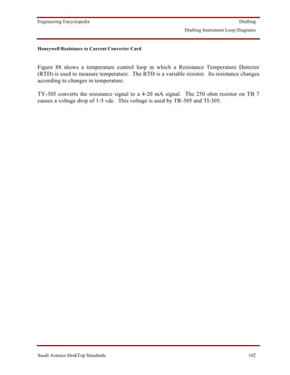 Engineering Encyclopedia                                                             Drafting
                                                            Drafting Instrument Loop Diagrams


Honeywell Resistance to Current Converter Card


Figure 88 shows a temperature control loop in which a Resistance Temperature Detector
(RTD) is used to measure temperature. The RTD is a variable resistor. Its resistance changes
according to changes in temperature.

TY-305 converts the resistance signal to a 4-20 mA signal. The 250 ohm resistor on TB 7
causes a voltage drop of 1-5 vdc. This voltage is used by TR-305 and TI-305.




Saudi Aramco DeskTop Standards                                                           102
 