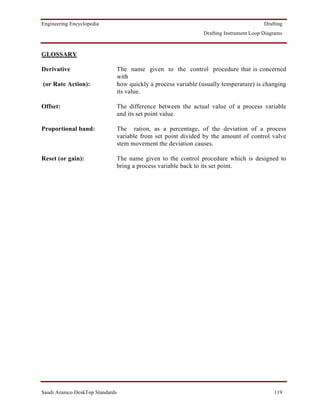 Engineering Encyclopedia                                                                  Drafting
                                                                 Drafting Instrument Loop Diagrams



GLOSSARY

Derivative                       The name given to the control procedure that is concerned
                                 with
(or Rate Action):                how quickly a process variable (usually temperature) is changing
                                 its value.

Offset:                          The difference between the actual value of a process variable
                                 and its set point value.

Proportional band:               The ration, as a percentage, of the deviation of a process
                                 variable from set point divided by the amount of control valve
                                 stem movement the deviation causes.

Reset (or gain):                 The name given to the control procedure which is designed to
                                 bring a process variable back to its set point.




Saudi Aramco DeskTop Standards                                                                119
 