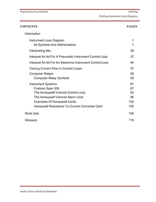 Engineering Encyclopedia                                                           Drafting
                                                          Drafting Instrument Loop Diagrams



CONTENTS                                                                         PAGES

   Information

       Instrument Loop Diagram                                                        1
           Ild Symbols And Abbreviations                                              1
       Interpreting Ilds                                                            29
       Interpret An Ild For A Pneumatic Instrument Control Loop                     37
       Interpret An Ild For An Electronic Instrument Control Loop                   44
       Tracing Current Flow In Control Loops                                        57
       Computer Relays                                                              59
         Computer Relay Symbols                                                     59
       Instrument Systems                                                           67
           Foxboro Spec 200                                                         67
           The Honeywell Vutronik Control Loop                                      83
           The Honeywell Vutronik Alarm Card                                        96
           Examples Of Honeywell Cards                                             100
           Honeywell Resistance To Current Converter Card                          102

   Work Aids                                                                       104

   Glossary                                                                        119




Saudi Aramco DeskTop Standards
 