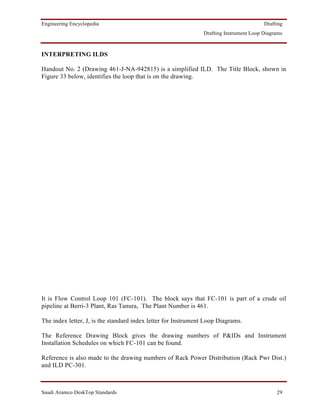 Engineering Encyclopedia                                                                Drafting
                                                               Drafting Instrument Loop Diagrams



INTERPRETING ILDS

Handout No. 2 (Drawing 461-J-NA-942815) is a simplified ILD. The Title Block, shown in
Figure 33 below, identifies the loop that is on the drawing.




It is Flow Control Loop 101 (FC-101). The block says that FC-101 is part of a crude oil
pipeline at Berri-3 Plant, Ras Tanura, The Plant Number is 461.

The index letter, J, is the standard index letter for Instrument Loop Diagrams.

The Reference Drawing Block gives the drawing numbers of P&IDs and Instrument
Installation Schedules on which FC-101 can be found.

Reference is also made to the drawing numbers of Rack Power Distribution (Rack Pwr Dist.)
and ILD PC-301.



Saudi Aramco DeskTop Standards                                                               29
 