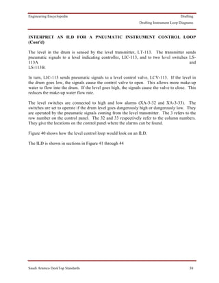 Engineering Encyclopedia                                                               Drafting
                                                              Drafting Instrument Loop Diagrams



INTERPRET AN ILD FOR A PNEUMATIC INSTRUMENT CONTROL LOOP
(Cont'd)

The level in the drum is sensed by the level transmitter, LT-113. The transmitter sends
pneumatic signals to a level indicating controller, LIC-113, and to two level switches LS-
113A                                                                                   and
LS-113B.

In turn, LIC-113 sends pneumatic signals to a level control valve, LCV-113. If the level in
the drum goes low, the signals cause the control valve to open. This allows more make-up
water to flow into the drum. If the level goes high, the signals cause the valve to close. This
reduces the make-up water flow rate.

The level switches are connected to high and low alarms (XA-3-32 and XA-3-33). The
switches are set to operate if the drum level goes dangerously high or dangerously low. They
are operated by the pneumatic signals coming from the level transmitter. The 3 refers to the
row number on the control panel. The 32 and 33 respectively refer to the column numbers.
They give the locations on the control panel where the alarms can be found.

Figure 40 shows how the level control loop would look on an ILD.

The ILD is shown in sections in Figure 41 through 44




Saudi Aramco DeskTop Standards                                                              38
 