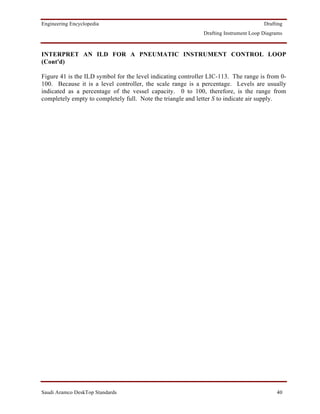 Engineering Encyclopedia                                                              Drafting
                                                             Drafting Instrument Loop Diagrams



INTERPRET AN ILD FOR A PNEUMATIC INSTRUMENT CONTROL LOOP
(Cont'd)

Figure 41 is the ILD symbol for the level indicating controller LIC-113. The range is from 0-
100. Because it is a level controller, the scale range is a percentage. Levels are usually
indicated as a percentage of the vessel capacity. 0 to 100, therefore, is the range from
completely empty to completely full. Note the triangle and letter S to indicate air supply.




Saudi Aramco DeskTop Standards                                                             40
 