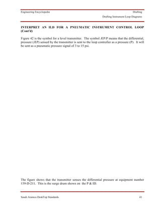 Engineering Encyclopedia                                                                 Drafting
                                                                Drafting Instrument Loop Diagrams



INTERPRET AN ILD FOR A PNEUMATIC INSTRUMENT CONTROL LOOP
(Cont'd)

Figure 42 is the symbol for a level transmitter. The symbol ÆP/P means that the differential,
pressure (ÆP) sensed by the transmitter is sent to the loop controller as a pressure (P). It will
be sent as a pneumatic pressure signal of 3 to 15 psi.




The figure shows that the transmitter senses the differential pressure at equipment number
139-D-211. This is the surge drum shown on the P & ID.



Saudi Aramco DeskTop Standards                                                                41
 