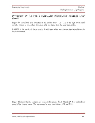 Engineering Encyclopedia                                                             Drafting
                                                            Drafting Instrument Loop Diagrams



INTERPRET AN ILD FOR A PNEUMATIC INSTRUMENT CONTROL LOOP
(Cont'd)

Figure 44 shows the level switches in the control loop. LS-113A is the high level alarm
switch. It is set to open when it receives a 12-psi signal from the level transmitter.

LS-113B is the low-level alarm switch. It will open when it receives a 6-psi signal from the
level transmitter.




Figure 40 shows that the switches are connected to alarms XA-3-32 and XA-3-33 on the front
panel of the control room. The alarms can be seen on windows 3-32 and 3-33




Saudi Aramco DeskTop Standards                                                            43
 