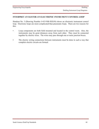 Engineering Encyclopedia                                                             Drafting
                                                            Drafting Instrument Loop Diagrams



INTERPRET AN ILD FOR AN ELECTRONIC INSTRUMENT CONTROL LOOP

Handout No. 3 (Drawing Number J-415-NB-582636) shows an electronic instrument control
loop. Electronic loops are more complicated than pneumatic loops. There are two reasons for
this:

•      Loop components are both field mounted and located in the control room. Also, the
       instruments may be great distances away from each other. They must be connected
       together by electric wires. The wires may pass through one or more junction boxes.

•      The electric wiring connections between instruments must be done in such a way that
       complete electric circuits are formed.




Saudi Aramco DeskTop Standards                                                            44
 
