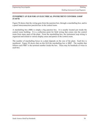 Engineering Encyclopedia                                                              Drafting
                                                             Drafting Instrument Loop Diagrams



INTERPRET AN ILD FOR AN ELECTRICAL INSTRUMENT CONTROL LOOP
(Cont'd)

Figure 50 shows that the wiring goes from the junction box, through a marshalling box, and to
a panel interconnection junction box in the control room.

A marshalling box (MB) is simply a big junction box. It is usually located just inside the
control room building. It is a collection point for field wiring that comes into the control
room from many parts of the plant. From the marshalling box, the instrument loop wiring is
organized and routed to various display areas and panels in the control room.

The number of marshalling boxes in a plant depends on the size of the plant. Each box is
numbered. Figure 50 shows that on this ILD the marshalling box is MB7. The number that
follows each MB7 is the terminal number inside the box. There may be hundreds of wires in
each box.




Saudi Aramco DeskTop Standards                                                             50
 