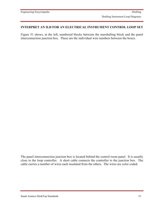 Engineering Encyclopedia                                                               Drafting
                                                              Drafting Instrument Loop Diagrams



INTERPRET AN ILD FOR AN ELECTRICAL INSTRUMENT CONTROL LOOP SET

Figure 51 shows, at the left, numbered blocks between the marshalling block and the panel
interconnection junction box. These are the individual wire numbers between the boxes.




The panel interconnection junction box is located behind the control room panel. It is usually
close to the loop controller. A short cable connects the controller to the junction box. The
cable carries a number of wires each insulated from the others. The wires are color coded.




Saudi Aramco DeskTop Standards                                                              51
 