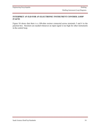 Engineering Encyclopedia                                                              Drafting
                                                             Drafting Instrument Loop Diagrams



INTERPRET AN ILD FOR AN ELECTRONIC INSTRUMENT CONTROL LOOP
(Cont'd)

Figure 54 shows that there is a 100-ohm resistor connected across terminals 3 and 4 in the
junction box. Resistors are needed whenever an input signal is too high for other instruments
in the control loop.




Saudi Aramco DeskTop Standards                                                             54
 
