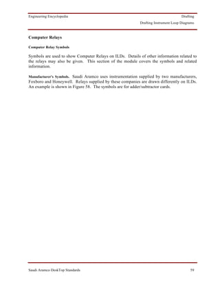 Engineering Encyclopedia                                                            Drafting
                                                           Drafting Instrument Loop Diagrams



Computer Relays

Computer Relay Symbols

Symbols are used to show Computer Relays on ILDs. Details of other information related to
the relays may also be given. This section of the module covers the symbols and related
information.

Manufacturer's Symbols. Saudi Aramco uses instrumentation supplied by two manufacturers,
Foxboro and Honeywell. Relays supplied by these companies are drawn differently on ILDs.
An example is shown in Figure 58. The symbols are for adder/subtractor cards.




Saudi Aramco DeskTop Standards                                                           59
 