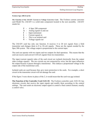 Engineering Encyclopedia                                                                Drafting
                                                               Drafting Instrument Loop Diagrams


Foxboro Spec 200 (Cont'd)

The Function of the 2AI-I2V Current to Voltage Converter Card. The Foxboro current converter
card Model No. 2AI-I2V is a solid state component located in the nest assembly. 2AI-I2V
stands for:

               2   -   A Spec 200 component
               A   -   Analog signals in and out
               I   -   Input instrument
               I   -   Current signals in
               2   -   This is an isolated card
               V   -   Voltage signals out

The 2AI-I2V card has only one function. It receives 4 to 20 mA signals from a field
transmitter and changes them to 0 to 10-volt signals. These are the signals needed by the
Spec 200 system. The voltage output is proportional to the current input.

The card can operate with two inputs and two outputs for dual operation. This means that the
card can receive and convert 4-20 mA signals from two transmitters.

The input (current signals) sides of the card circuit are isolated electrically from the output
sides (voltage signals). The two circuits are not connected by wires, but the input influences
the output because it passes through a transformer. This induces a proportional voltage in the
output side of the transformer coils.

Isolated cards are used because they give more protection to the cards. For example, a short
circuit in the transmitter circuit will not damage the card.

If the figure 3 were shown in place of the 2, it would mean that the card was not isolated.

The Function of the Controller Card 2AX+45. The Foxboro controller card, 2AX+45, has
electronic circuits that receive the input signals and modify them according to the control
settings. The card sends an electronic output signal to control a final control element, usually
a control valve.




Saudi Aramco DeskTop Standards                                                                72
 