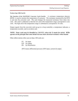 Engineering Encyclopedia                                                                Drafting
                                                               Drafting Instrument Loop Diagrams


Foxboro Spec 200 (Cont'd)

The Function of the 2AI-P2VR/V Converter Card (Cont'd).     A resistance temperature detector
(RTD) is used to monitor the temperature of a process. The resistance measured by the RTD
is sent into the converter card. The card changes the measured resistance from ohms into
volts. The card is calibrated so that the low end of the temperature range corresponds to zero
volts. The high end of the temperature range is calibrated to correspond to 10 volts.

Output signals from the converter card can go to a loop controller, a temperature indicator, a
temperature recorder, and to an alarm card.

NOTE: Some cards may be identified as 2AI-N2V, where the N stands for nickel. RTDs
operate on the principle that some metals increase their electrical resistance when heated.

Other abbreviations often seen on Spec 200 cards are:

                   I/P for input
                   O/P for output
                   DS for Distribution

                   ÆP/I means differential pressure (ÆP) input, current (I) output.




Saudi Aramco DeskTop Standards                                                               76
 