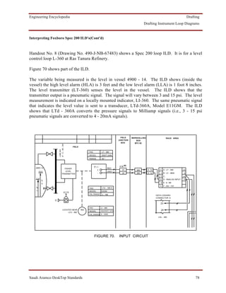 Engineering Encyclopedia                                                                                                                                         Drafting
                                                                                                                     Drafting Instrument Loop Diagrams


Interpreting Foxboro Spec 200 ILD's(Cont'd)



Handout No. 8 (Drawing No. 490-J-NB-67483) shows a Spec 200 loop ILD. It is for a level
control loop L-360 at Ras Tanura Refinery.

Figure 70 shows part of the ILD.

The variable being measured is the level in vessel 4900 - 14. The ILD shows (inside the
vessel) the high level alarm (HLA) is 3 feet and the low level alarm (LLA) is 1 foot 8 inches.
The level transmitter (LT-360) senses the level in the vessel. The ILD shows that the
transmitter output is a pneumatic signal. The signal will vary between 3 and 15 psi. The level
measurement is indicated on a locally mounted indicator, LI-360. The same pneumatic signal
that indicates the level value is sent to a transducer, LTd-360A, Model E11GM. The ILD
shows that LTd - 360A converts the pressure signals to Milliamp signals (i.e., 3 - 15 psi
pneumatic signals are converted to 4 - 20mA signals).



                                                                                                   FIELD    MARSHALLING                        RACK AREA
                                                                                                 JUNCTION      BOX
                                                                                                   BOX        MTC #2
                             4" - C - 46 - 3AI




                                                     FIELD
                             LINE NO.




                                                                    TAG          LT - 360
                                                                    MODEL       2500T-2495
                                                                    RANGE        60 "



                                                                          P/I                     ETB #6
   490D-14                              FISHER                                          RED
                                                                            +                       23         368        8 -12+      +1 A : LY - 358       +3
              HLA                        LEVEL                                          GREY
                                      TRANSMITTER                           -                       24         369        8 -12-      -1 B : LY - 360A      -3
                                                                                                                                       0 C:                 +4
    LLA                                                                                                                               +2 D : ANALOG INPUT   -4
               3' - 0"




                                                                                                                                      -2 E : 8 - B6
                                                                                                                                      0     F : 2AI - 13V
    1' - 8"




                                                                    TAG          LTd. - 360 A
                                                                    MODEL       EIIGM
                                             67 FR
                                                                    CAL.RANGE 3 - 15#
                                                                                                                                   DATA LOGGING
                                                                                                                                   CONNECTOR 8
                         S
                                                                                                                                       23

                                                                    TAG         LI - 360
                                         LOCATED NEAR        IND.                                                                      24
                                                                    MODEL       ASHCROFT 1279A
                                              LCV - 360
                                                                    CAL.RANGE 0 - 1000
                                                                                                                                     LDL - 360




                                                                          FIGURE 70.             INPUT CIRCUIT




Saudi Aramco DeskTop Standards                                                                                                                                        78
 