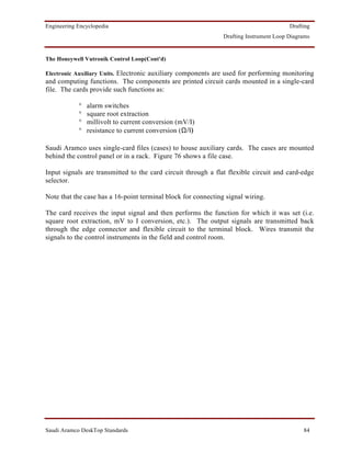 Engineering Encyclopedia                                                                Drafting
                                                               Drafting Instrument Loop Diagrams


The Honeywell Vutronik Control Loop(Cont'd)

Electronic Auxiliary Units. Electronic auxiliary components are used for performing monitoring
and computing functions. The components are printed circuit cards mounted in a single-card
file. The cards provide such functions as:

            °   alarm switches
            °   square root extraction
            °   millivolt to current conversion (mV/I)
            °   resistance to current conversion (Ω/Ι)

Saudi Aramco uses single-card files (cases) to house auxiliary cards. The cases are mounted
behind the control panel or in a rack. Figure 76 shows a file case.

Input signals are transmitted to the card circuit through a flat flexible circuit and card-edge
selector.

Note that the case has a 16-point terminal block for connecting signal wiring.

The card receives the input signal and then performs the function for which it was set (i.e.
square root extraction, mV to I conversion, etc.). The output signals are transmitted back
through the edge connector and flexible circuit to the terminal block. Wires transmit the
signals to the control instruments in the field and control room.




Saudi Aramco DeskTop Standards                                                               84
 
