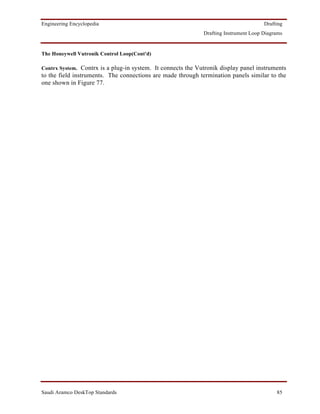 Engineering Encyclopedia                                                              Drafting
                                                             Drafting Instrument Loop Diagrams


The Honeywell Vutronik Control Loop(Cont'd)

Contrx System. Contrx is a plug-in system. It connects the Vutronik display panel instruments
to the field instruments. The connections are made through termination panels similar to the
one shown in Figure 77.




Saudi Aramco DeskTop Standards                                                             85
 