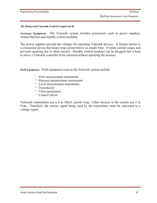 Engineering Encyclopedia                                                               Drafting
                                                              Drafting Instrument Loop Diagrams


The Honeywell Vutronik Control Loop(Cont'd)

Accessory Equipment.   The Vutronik system includes accessories such as power supplies,
Zenner barriers and standby control modules.

The power supplies provide the voltages for operating Vutronik devices. A Zenner barrier is
a connection device that keeps loop current below an unsafe limit. It limits current surges and
prevents sparking due to short circuits. Standby control modules can be plugged into a loop
to allow a Vutronik controller to be removed without upsetting the process.



Field Equipment. Field equipment used on the Vutronik system include:

            °   Flow measurement instruments
            °   Pressure measurement instruments
            °   Level measurement instruments
            °   Transducers
            °   Valve positioners
            °   Control valves.

Vultronik transmitters use a 4 to 20mA current loop. Other devices in the system use 1 to
5vdc. Therefore, the current signal being used by the transmitters must be converted to a
voltage signal.




Saudi Aramco DeskTop Standards                                                              87
 