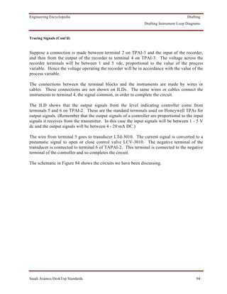 Engineering Encyclopedia                                                                Drafting
                                                               Drafting Instrument Loop Diagrams


Tracing Signals (Cont'd)


Suppose a connection is made between terminal 2 on TPAI-3 and the input of the recorder,
and then from the output of the recorder to terminal 4 on TPAI-3. The voltage across the
recorder terminals will be between 1 and 5 vdc, proportional to the value of the process
variable. Hence the voltage operating the recorder will be in accordance with the value of the
process variable.

The connections between the terminal blocks and the instruments are made by wires or
cables. These connections are not shown on ILDs. The same wires or cables connect the
instruments to terminal 4, the signal common, in order to complete the circuit.

The ILD shows that the output signals from the level indicating controller come from
terminals 5 and 6 on TPAI-2. These are the standard terminals used on Honeywell TPAs for
output signals. (Remember that the output signals of a controller are proportional to the input
signals it receives from the transmitter. In this case the input signals will be between 1 - 5 V
dc and the output signals will be between 4 - 20 mA DC.)

The wire from terminal 5 goes to transducer LTd-3010. The current signal is converted to a
pneumatic signal to open or close control valve LCV-3010. The negative terminal of the
transducer is connected to terminal 6 of TAPAI-2. This terminal is connected to the negative
terminal of the controller and so completes the circuit.

The schematic in Figure 84 shows the circuits we have been discussing.




Saudi Aramco DeskTop Standards                                                               94
 