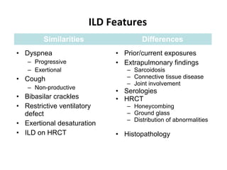 ILD Features
Similarities Differences
• Dyspnea
– Progressive
– Exertional
• Cough
– Non-productive
• Bibasilar crackles
• Restrictive ventilatory
defect
• Exertional desaturation
• ILD on HRCT
• Prior/current exposures
• Extrapulmonary findings
– Sarcoidosis
– Connective tissue disease
– Joint involvement
• Serologies
• HRCT
– Honeycombing
– Ground glass
– Distribution of abnormalities
• Histopathology
 