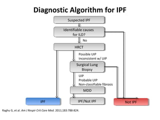 Diagnostic Algorithm for IPF
Raghu G, et al. Am J Respir Crit Care Med. 2011;183:788-824.
Suspected IPFSuspected IPF
Identifiable causes
for ILD?
Identifiable causes
for ILD?
HRCTHRCT
Surgical Lung
Biopsy
Surgical Lung
Biopsy
MDDMDD
IPF/Not IPFIPF/Not IPFIPFIPF Not IPFNot IPF
No
Possible UIP
Inconsistent w/ UIP
UIP
Probable UIP
Non-classifiable fibrosis
 