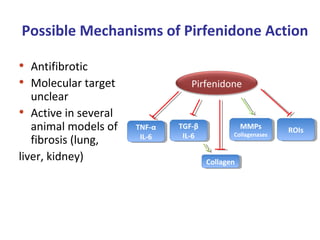 Possible Mechanisms of Pirfenidone Action
TNF-α
IL-6
TNF-α
IL-6
Pirfenidone
TGF-β
IL-6
TGF-β
IL-6
MMPs
Collagenases
MMPs
Collagenases
ROIsROIs
CollagenCollagen
• Antifibrotic
• Molecular target
unclear
• Active in several
animal models of
fibrosis (lung,
liver, kidney)
 