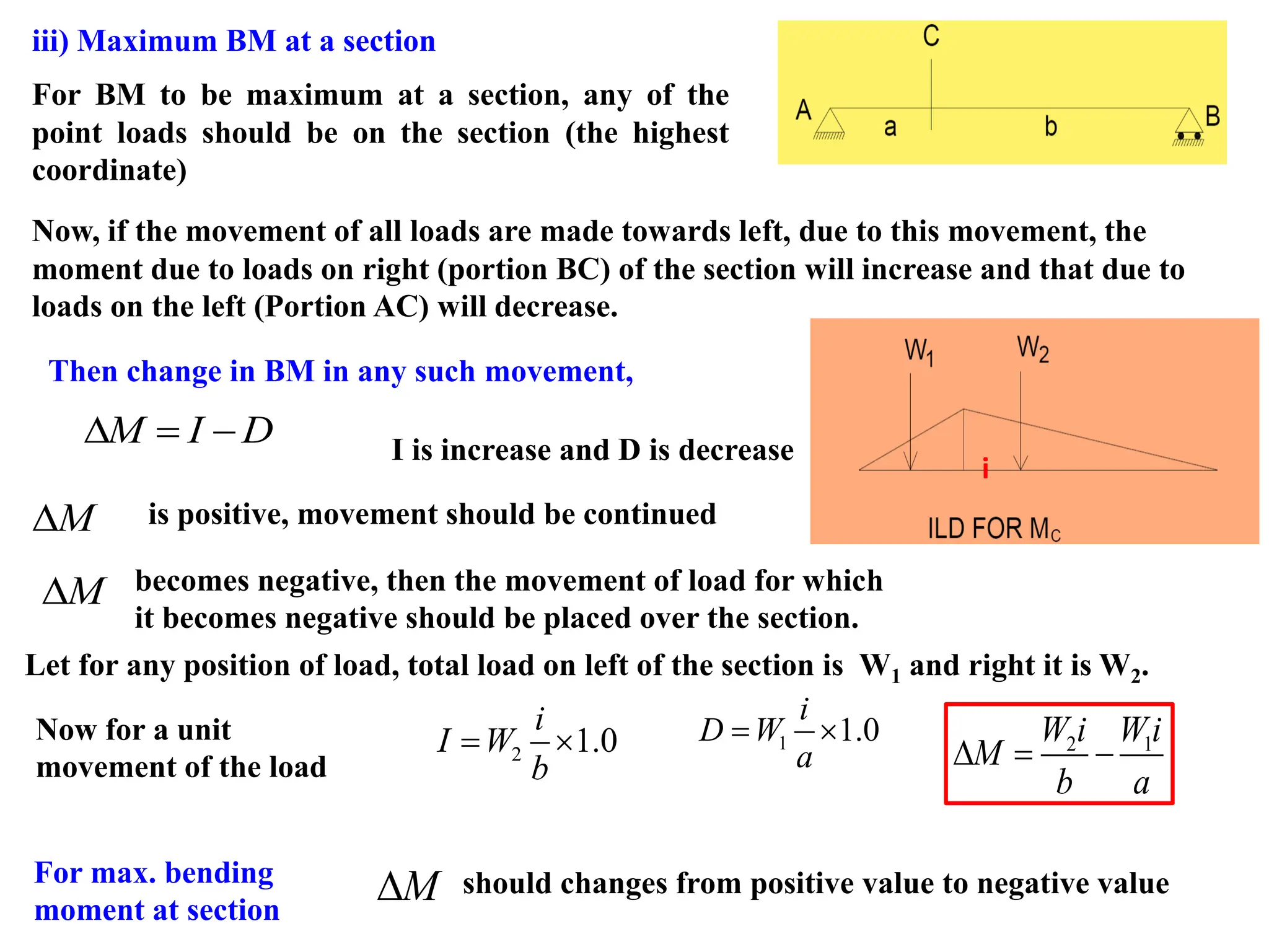 iii) Maximum BM at a section
For BM to be maximum at a section, any of the
point loads should be on the section (the highest
coordinate)
Now, if the movement of all loads are made towards left, due to this movement, the
moment due to loads on right (portion BC) of the section will increase and that due to
loads on the left (Portion AC) will decrease.
Then change in BM in any such movement,
M I D
 = − I is increase and D is decrease
M
 is positive, movement should be continued
becomes negative, then the movement of load for which
it becomes negative should be placed over the section.
M

Let for any position of load, total load on left of the section is W1 and right it is W2.
2 1.0
i
I W
b
=  1 1.0
i
D W
a
=  2 1
W i Wi
M
b a
 = −
For max. bending
moment at section
M
 should changes from positive value to negative value
Now for a unit
movement of the load
i
 