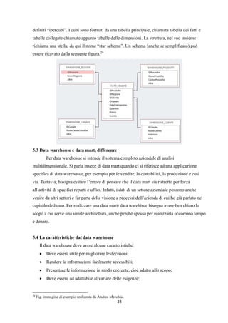 24
definiti “ipercubi”. I cubi sono formati da una tabella principale, chiamata tabella dei fatti e
tabelle collegate chiamate appunto tabelle delle dimensioni. La struttura, nel suo insieme
richiama una stella, da qui il nome “star schema”. Un schema (anche se semplificato) può
essere ricavato dalla seguente figura.29
5.3 Data warehouse e data mart, differenze
Per data warehosue si intende il sistema completo aziendale di analisi
multidimensionale. Si parla invece di data mart quando ci si riferisce ad una applicazione
specifica di data warehosue, per esempio per le vendite, la contabilità, la produzione e così
via. Tuttavia, bisogna evitare l’errore di pensare che il data mart sia ristretto per forza
all’attività di specifici reparti e uffici. Infatti, i dati di un settore aziendale possono anche
venire da altri settori e far parte della visione a processi dell’azienda di cui ho già parlato nel
capitolo dedicato. Per realizzare una data mart data warehisue bisogna avere ben chiaro lo
scopo a cui serve una simile architettura, anche perché spesso per realizzarla occorrono tempo
e denaro.
5.4 La caratteristiche dal data warehouse
Il data warehouse deve avere alcune caratteristiche:
 Deve essere utile per migliorare le decisioni;
 Rendere le informazioni facilmente accessibili;
 Presentare le informazione in modo coerente, cioè adatto allo scopo;
 Deve essere ad adattabile al variare delle esigenze;
29
Fig. immagine di esempio realizzata da Andrea Mecchia.
 