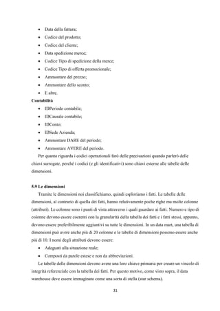 31
 Data della fattura;
 Codice del prodotto;
 Codice del cliente;
 Data spedizione merce;
 Codice Tipo di spedizione della merce;
 Codice Tipo di offerta promozionale;
 Ammontare del prezzo;
 Ammontare dello sconto;
 E altre.
Contabilità
 IDPeriodo contabile;
 IDCausale contabile;
 IDConto;
 IDSede Azienda;
 Ammontare DARE del periodo;
 Ammontare AVERE del periodo.
Per quanto riguarda i codici operazionali farò delle precisazioni quando parlerò delle
chiavi surrogate, perché i codici (e gli identificativi) sono chiavi esterne alle tabelle delle
dimensioni.
5.9 Le dimensioni
Tramite le dimensioni noi classifichiamo, quindi esploriamo i fatti. Le tabelle delle
dimensioni, al contrario di quella dei fatti, hanno relativamente poche righe ma molte colonne
(attributi). Le colonne sono i punti di vista attraverso i quali guardare ai fatti. Numero e tipo di
colonne devono essere coerenti con la granularità della tabella dei fatti e i fatti stessi, appunto,
devono essere preferibilmente aggiuntivi su tutte le dimensioni. In un data mart, una tabella di
dimensioni può avere anche più di 20 colonne e le tabelle di dimensioni possono essere anche
più di 10. I nomi degli attributi devono essere:
 Adeguati alla situazione reale;
 Composti da parole estese e non da abbreviazioni.
Le tabelle delle dimensioni devono avere una loro chiave primaria per creare un vincolo di
integrità referenziale con la tabella dei fatti. Per questo motivo, come visto sopra, il data
warehouse deve essere immaginato come una sorta di stella (star schema).
 