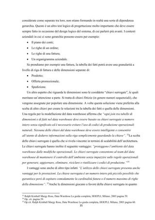 35
considerate come separate tra loro, non stiano formando in realtà una sorta di dipendenza
gerarchia. Questo è un altro test logico di progettazione molto importante che deve essere
sempre fatto in occasione del design logico del sistema, di cui parlerò più avanti. I contesti
aziendali in cui ci sono gerarchie possono essere per esempio:
 Il piano dei conti;
 Le righe di un ordine;
 Le righe di una fattura;
 Un organigramma aziendale.
Se prendiamo per esempio una fattura, la tabella dei fatti potrà avere una granularità a
livello di riga di fattura e delle dimensioni separate di:
 Prodotto;
 Offerta promozionale;
 Spedizione.
Un altro aspetto che riguarda le dimensioni sono le cosiddette “chiavi surrogate”, le quali
meritano un’attenzione a parte. Si tratta di chiavi fittizie (in genere numeri sequenziali), che
vengono assegnate per popolare una dimensione. A volte questa soluzione viene preferita alla
scelta di altre chiavi per creare le relazioni tra la tabella dei fatti e quella delle dimensioni.
Una regola per la modellazione del data warehouse afferma che “ogni join tra tabelle di
dimensioni e di fatti nel data warehouse deve essere basato su chiavi surrogate a numero
intero senza significato ed è necessario evitare l’uso di codici di produzione operazionali
naturali. Nessuna delle chiavi del data warehouse deve essere intelligente e consentire
all’utente di dedurre informazioni sulla riga semplicemente guardando la chiave”. 33
La scelta
delle chiavi surrogate è quella che si rivela vincente in termini di scalabilità dell’architettura.
Le chiavi surrogate hanno inoltre il seguente vantaggio: “proteggono l’ambiente del data
warehouse dalle modifiche operazionali. Le chiavi surrogate consentono al team del data
warehouse di mantenere il controllo dell’ambiente senza impazzire sulle regole operazionali
per generare, aggiornare, eliminare, riciclare e riutilizzare i codici di produzione.”34
I vantaggi sono anche di altro tipo infatti “L’utilizzo delle chiavi surrogate presenta anche
vantaggi per le prestazioni. La chiave surrogata è un numero intero più piccolo possibile che
garantisce però di ospitare comodamente la cardinalità futura o il numero massimo di righe
della dimensione”. 35
Anche le dimensioni giocano a favore della chiave surrogata in quanto
33
Ralph Kimball Margy Ross, Data Warehose La guida completa, HOEPLI, Milano, 2003 pagina 59.
34
Op. cit. pagina 59.
35
Op cit. Ralph Kimball Margy Ross, Data Warehose La guida completa, HOEPLI, Milano, 2003 pagina 60.
 