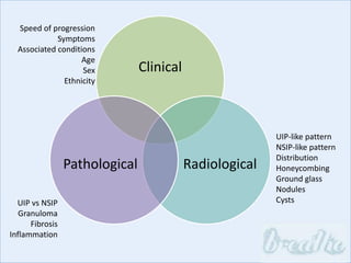 Clinical
RadiologicalPathological
Speed of progression
Symptoms
Associated conditions
Age
Sex
Ethnicity
UIP vs NSIP
Granuloma
Fibrosis
Inflammation
UIP-like pattern
NSIP-like pattern
Distribution
Honeycombing
Ground glass
Nodules
Cysts
 