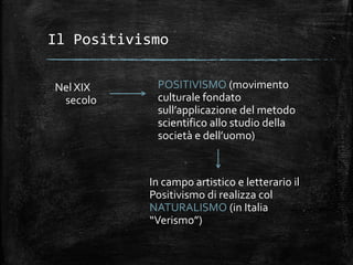 Il Positivismo
Nel XIX
secolo
POSITIVISMO (movimento
culturale fondato
sull’applicazione del metodo
scientifico allo studio della
società e dell’uomo)
In campo artistico e letterario il
Positivismo di realizza col
NATURALISMO (in Italia
“Verismo”)
 