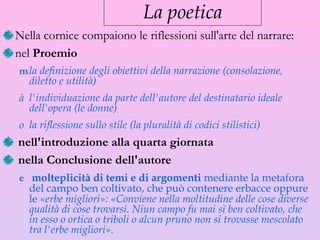 La poetica Nella cornice compaiono le  riflessioni sull'arte del narrare:  nel  Proemio   la definizione degli obiettivi della narrazione (consolazione, diletto e utilità)  l'individuazione da parte dell'autore del destinatario ideale dell'opera (le donne)  la riflessione sullo stile (la pluralità di codici stilistici) nell'introduzione alla quarta giornata  nella Conclusione dell'autore molteplicità di temi e di argomenti  mediante la metafora del campo ben coltivato, che può contenere erbacce oppure le  «erbe migliori»: «Conviene nella moltitudine delle cose diverse qualità di cose trovarsi. Niun campo fu mai sì ben coltivato, che in esso o ortica o triboli o alcun pruno non si trovasse mescolato tra l'erbe migliori». 