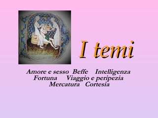 I temi Amore e sesso  Beffe  Intelligenza  Fortuna  Viaggio e peripezia  Mercatura  Cortesia 
