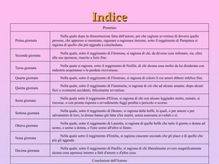Indice Conclusioni dell'Autore           Nella quale, sotto il reggimento di Panfilo, si ragiona di chi liberalmente ovvero magnificamente alcuna cosa operasse intorno a fatti d'amore o d'altra cosa.     Decima giornata           Nella quale sotto il reggimento d'Emilia, si ragiona ciascuno secondo che gli piace e di quello che più gli aggrada.     Nona giornata           Nella quale, sotto il reggimento di Lauretta, si ragiona di quelle beffe che tutto il giorno o donna ad uomo, o uomo a donna, o l'uno uomo all'altro si fanno.     Ottava giornata           Nella quale, sotto il reggimento di Dioneo, si ragiona delle beffe, le quali, o per amore o per salvamento di loro, le donne hanno già fatte a'lor mariti, senza essersene avveduti o sì.     Settima giornata           Nella quale sotto il reggimento d'Elissa, si ragiona di chi con alcuno leggiadro motto, tentato, si riscosse, o con pronta risposta o avvedimento fuggì perdita o pericolo o scorno.     Sesta giornata           Nella quale, sotto il reggimento di Fiammetta, si ragiona di ciò che ad alcuno amante, dopo alcuni fieri o sventurati accidenti, felicemente avvenisse.     Quinta giornata           Nella quale, sotto il reggimento di Filostrato, si ragiona di coloro li cui amori ebbero infelice fine.     Quarta giornata           Nella quale si ragiona, sotto il reggimento di Neifile, di chi alcuna cosa molto da lui disiderata con industria acquistasse o la perduta ricoverasse.     Terza giornata           Nella quale, sotto il reggimento di Filomena, si ragiona di chi, da diverse cose infestato, sia, oltre alla sua speranza, riuscito a lieto fine.     Seconda giornata           Nella quale dopo la dimostrazione fatta dall'autore, per che cagione avvenisse di doversi quelle persone, che appresso si mostrano, ragunare a ragionare insieme, sotto il reggimento di Pampinea si ragiona di quello che più aggrada a ciascheduno.     Prima giornata Proemio 
