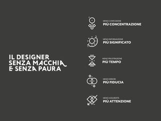 MENO CONFUSIONE
PIÙ CONCENTRAZIONE
MENO INFORMAZIONE
PIÙ SIGNIFICATO
MENO FRUSTRAZIONE
PIÙ TEMPO
MENO ERRORI
PIÙ FIDUCIA
MENO ASSURDITÀ
PIÙ ATTENZIONE
IL DESIGNER
SENZA MACCHIA
E SENZA PAURA
 