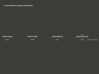 LA MIA (INFINITA) RICERCA PERSONALE
2008 2012 2019 to be continued…2000
SENZA PAURA SENZA DUBBI SENZA RIPOSO SENZA MACCHIA
quasi
 