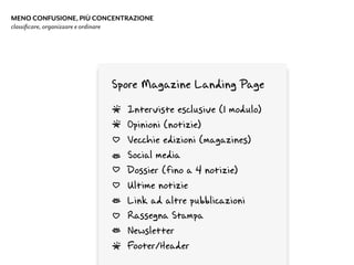 MENO CONFUSIONE, PIÙ CONCENTRAZIONE
classiﬁcare, organizzare e ordinare
Spore Magazine Landing Page
Interviste esclusive (1 modulo)
Opinioni (notizie)
Vecchie edizioni (magazines)
Social media
Dossier (fino a 4 notizie)
Ultime notizie
Link ad altre pubblicazioni
Rassegna Stampa
Newsletter
Footer/Header 
 