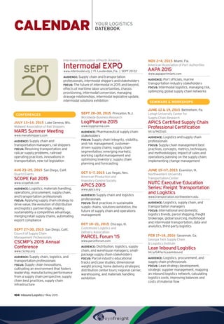 104  Inbound Logistics • May 2015
CALENDAR YOUR LOGISTICS
DATEBOOK
CONFERENCES
JULY 13-14, 2015  Lake Geneva, Wis.
Midwest Association of Rail Shippers
MARS Summer Meeting
www.mwrailshippers.com
AUDIENCE: Supply chain and
transportation managers, rail shippers
FOCUS: Resolving transportation and
railcar supply problems, railroad
operating practices, innovations in
transportation, new rail legislation
AUG 23-25, 2015  San Diego, Calif.
Quartz Events
SCOPE Fall 2015
www.scopefall.com
AUDIENCE: Logistics, materials handling,
operations, procurement, supply chain,
and transportation professionals
FOCUS: Applying supply chain strategy to
drive value, the evolution of distribution
and logistics partnerships, making
sustainability a competitive advantage,
merging retail supply chains, automating
export compliance
SEPT 27-30, 2015  San Diego, Calif.
Council of Supply Chain
Management Professionals
CSCMP’s 2015 Annual
Conference
www.cscmp.org
AUDIENCE: Supply chain, logistics, and
transportation professionals
FOCUS: Supply chain innovations,
cultivating an environment that fosters
leadership, manufacturing performance
from a supply chain perspective, supply
chain best practices, supply chain
infrastructure
SEPT 28-30, 2015  Princeton, N.J.
Worldwide Business Research
LogiPharma 2015
www.logipharma.com
AUDIENCE: Pharmaceutical supply chain
stakeholders
FOCUS: Supply chain integrity, visibility,
and risk management; customer-
driven supply chains; supply chain
segmentation; emerging markets;
working capital management and
optimizing inventory; supply chain
planning and forecasting
OCT 5-7, 2015  Las Vegas, Nev.
American Production and
Inventory Control Society
APICS 2015
www.apics.org
AUDIENCE: Supply chain and logistics
professionals
FOCUS: Best practices in sustainable
supply chains, solutions exhibition, the
future of supply chain and operations
management
OCT 18-21, 2015  Chicago, Ill.
Customized Logistics and
Delivery Association
PARCEL Forum ’15
www.parcelforum.com
AUDIENCE: Distribution, logistics, supply
chain, and warehouse managers; small-
package supply chain stakeholders
FOCUS: Parcel industry educational
tracks and case studies; dimensional
weight pricing; home delivery strategies;
distribution center tours; regional carrier,
warehousing, and materials handling
exhibition
NOV 2-4, 2015  Miami, Fla.
American Association of Port Authorities
AAPA 2015
www.aapaportmiami.com
AUDIENCE: Port officials, marine
transportation industry stakeholders
FOCUS: Intermodal logistics, managing risk,
optimizing global supply chain networks
SEMINARS  WORKSHOPS
JUNE 12  19, 2015  Bethlehem, Pa.
Lehigh University Center for
Supply Chain Research
APICS Certified Supply Chain
Professional Certification
bit.ly/1H2DzjG
AUDIENCE: Logistics and supply chain
professionals
FOCUS: Supply chain management best
practices, concepts, metrics, techniques,
and methodologies; impact of sales and
operations planning on the supply chain;
implementing change management
JUNE 15-17, 2015  Evanston, Ill.
Northwestern University
Transportation Center
NUTC Executive Education
Series: Freight Transportation
and Logistics
www.transportation.northwestern.edu
AUDIENCE: Logistics, supply chain, and
transportation managers
FOCUS: International and domestic
logistics trends, parcel shipping, freight
brokerage, global sourcing, multimodal
and intermodal transportation, data and
analytics, third-party logistics
FEB 17-18, 2016  Savannah, Ga.
Georgia Tech Supply Chain
 Logistics Institute
Lean Inbound Logistics
bit.ly/GATechLeanInbound
AUDIENCE: Logistics, procurement, and
supply chain professionals
FOCUS: Lean strategy development,
strategic supplier management, mapping
an inbound logistics network, calculating
logistics costs, improving balances and
costs of material flow
SEPT
20
Intermodal Association of North America
Intermodal EXPOwww.intermodal.org  |  Ft. Lauderdale, Fla.  |  SEPT 20-22
AUDIENCE: Supply chain and transportation
professionals, intermodal shippers and stakeholders
FOCUS: The future of intermodal in 2015 and beyond,
effects of maritime labor uncertainties, chassis
provisioning, intermodal conversion, managing
drayage relationships, intermodal legislative update,
intermodal solutions exhibition
 