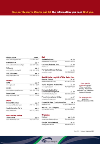 May 2015 • Inbound Logistics 109
For a specific
response, contact
these advertisers
directly. Please tell
them you saw their ad in
Inbound Logistics.
For faster service,
go online:
inboundlogistics.com/rfp
Use our Resource Center and let the information you need find you.
MercuryGate Cover 3
www.mercurygate.com 919-469-8057
Networkfleet  pg. 31
www.networkfleet.com/Ilgps 866-869-1353
RateLinx pg. 41
www.ratelinx.com/gold 262-565-6150
WIN (Odyssey)  pg. 18
www.gowithwin.com 855-946-4739
Pallets
iGPS pg. 85
www.igps.net 800-884-0225
ORBIS pg. 87
www.orbiscorporation.com 800-890-7292
Peco Pallet  pg. 83
www.pecopallet.com 877-227-7326
Ports
Port of Stockton pg. 29
www.portofstockton.com 209-946-0246
South Carolina Ports pg. 24
www.scspa.com 843-723-8651
Purchasing Guide
ThomasNet  pg. 91
www.thomasnet.com 866-585-1191
Rail
Alaska Railroad pg. 23
www.alaskarailroad.com 800-321-6518
Canadian National (CN)  pg. 58
www.cn.ca 888-668-4626
Florida East Coast Railway pg. 61
www.fecrwy.com 904-538-6100
Real Estate Logistics/Site Selection
Hoosier Energy pg. 67
www.hoosiersites.com 812-876-0294
Joplin Regional Partnership pg. 62
www.joplincc.com 417-624-4150
Kentucky Cabinet for
Economic Development pg. 69
www.thinkkentucky.com 800-626-2930
Pharr International Bridge pg. 47
www.pharrbridge.com 956-402-4660
Prudential Real Estate Investors pg. 9
www.prei.com 52-55-5093-2770
Watson Land Company pg. 63
www.36ftclear.com 310-952-6401
Trucking
Holland pg. 13, 46
www.hollandregional.com 866-465-5263
Penske Truck Leasing pg. 17
www.gopenske.com 844-868-0816
 