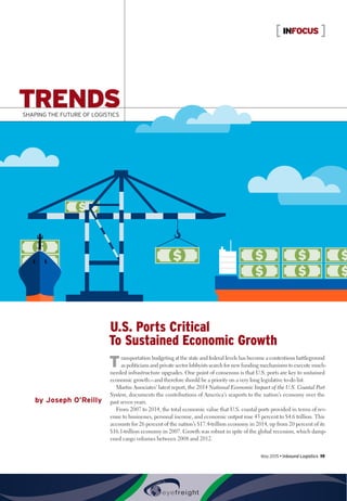 TRENDSSHAPING THE FUTURE OF LOGISTICS
INFOCUS
May 2015 • Inbound Logistics 19
by Joseph O’Reilly
U.S. Ports Critical
To Sustained Economic Growth
Transportation budgeting at the state and federal levels has become a contentious battleground
as politicians and private sector lobbyists search for new funding mechanisms to execute much-
needed infrastructure upgrades. One point of consensus is that U.S. ports are key to sustained
economic growth—and therefore should be a priority on a very long legislative to-do list.
Martin Associates’ latest report, the 2014 National Economic Impact of the U.S. Coastal Port
System, documents the contributions of America’s seaports to the nation’s economy over the
past seven years.
From 2007 to 2014, the total economic value that U.S. coastal ports provided in terms of rev-
enue to businesses, personal income, and economic output rose 43 percent to $4.6 trillion. This
accounts for 26 percent of the nation’s $17.4-trillion economy in 2014, up from 20 percent of its
$16.1-trillion economy in 2007. Growth was robust in spite of the global recession, which damp-
ened cargo volumes between 2008 and 2012.
 