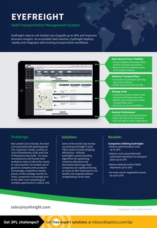 Gain Control Tower Visibility
• Simply integrate all transportation
partner processes and systems
• Receive real-time shipment status
and exception updates
Optimize Transport Plans
• Automate transportation planning
and carrier selection
• Tender shipments electronically
Manage Costs
• Calculate accurate transport costs
based on tariff sheets/rate cards
• Identify and contest questionable
transportation costs
• Eliminate invoice reconciliation
Analyze Performance
• Instantly assess carrier performance
• Make informed carrier selections
• Gain leverage in vendor negotiations
Solution: Results:Challenge:
Companies Utilizing Eyefreight:
• Reduce administration costs
up to 20%
• Reduce costs associated with
unforeseen deviations to transport
plans up to 15%
• Reduce delayed and/or failed
shipments up to 10%
• Increase carrier negotiation power
by up to 15%
Some of the world’s top brands
are putting Eyefreight’s SaaS
TMS in place to boost shipping
efficiencies. Utilizing
Eyefreight’s patent-pending
algorithms for optimizing
inventory allocation and
distribution planning, these
companies are rapidly achieving
as much as 30% reductions in net
landed cost of goods without
renegotiating carrier rates.
Net Landed Cost of Goods, the total
cost associated with getting goods
into customers’ hands, consists of
Cost of Distribution (CoD) and Cost
of Manufacturing (CoM). For years,
manufacturers and brands have
worked to reduce CoM as the means
to reducing their net landed cost of
goods to compete and succeed in
increasingly competitive market-
places; as this strategy reaches its
limits, companies increasingly turn
to the often more rewarding yet
complex opportunity to reduce CoD.
Eyefreight reduces net landed cost of goods up to 30% and improves
business margins. An accessible SaaS solution, Eyefreight deploys
rapidly and integrates with existing transportation workflows.
EYEFREIGHT
SaaSTransportation Management System
sales@eyefreight.com © Eyefreight Inc. 2015. All rights reserved.
Got 3PL challenges?  Get free expert solutions at inboundlogistics.com/3pl
 