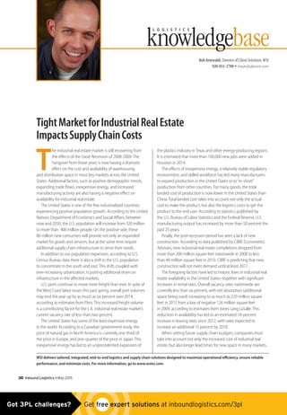 Rob Kriewaldt, Director of Client Solutions, WSI
920-831-3700 • InquiryIL@wsinc.com
knowledgebase©
L O G I S T I C S
TightMarketforIndustrialRealEstate
ImpactsSupplyChainCosts
T
he industrial real estate market is still recovering from
the effects of the Great Recession of 2008-2009.The
hangover from those years is now having a dramatic
effect on the cost and availability of warehousing
and distribution space in most key markets across the United
States. Additional factors, such as positive demographic trends,
expanding trade flows, inexpensive energy, and increased
manufacturing activity are also having a negative effect on
availability for industrial real estate.
The United States is one of the few industrialized countries
experiencing positive population growth. According to the United
Nations Department of Economics and Social Affairs, between
now and 2050, the U.S. population will increase from 320 million
to more than 400 million people. On the positive side, these
80 million new consumers will provide not only an expanded
market for goods and services, but at the same time require
additional supply chain infrastructure to serve their needs.
In addition to our population expansion, according to U.S.
Census Bureau data there is also a shift in the U.S. population
to concentrate in the south and east.This shift, coupled with
ever-increasing urbanization, is putting additional strain on
infrastructure in the affected markets.
U.S. ports continue to move more freight than ever. In spite of
the West Coast labor issues this past spring, overall port volumes
may end the year up by as much as six percent over 2014,
according to estimates from Piers.This increased freight volume
is a contributing factor for the L.A. industrial real estate market’s
current vacancy rate of less than two percent.
The United States has some of the least expensive energy
in the world. According to a Canadian government study, the
price of natural gas in North America is currently one-third of
the price in Europe, and one-quarter of the price in Japan.This
inexpensive energy has led to an unprecedented expansion of
the plastics industry inTexas and other energy-producing regions.
It is estimated that more than 100,000 new jobs were added in
Houston in 2014.
The effects of inexpensive energy, a relatively stable regulatory
environment, and skilled workforce has led many manufacturers
to expand production in the United States or to“re-shore”
production from other countries. For many goods, the total
landed cost of production is now lower in the United States than
China.Total landed cost takes into account not only the actual
cost to make the product, but also the logistics costs to get the
product to the end user. According to statistics published by
the U.S. Bureau of Labor Statistics and the Federal Reserve, U.S.
manufacturing output has increased by more than 50 percent the
past 25 years.
Finally, the post-recession period has seen a lack of new
construction. According to data published by CBRE Econometric
Advisors, new industrial real estate completions dropped from
more than 200 million square feet nationwide in 2008 to less
than 40 million square feet in 2010. CBRE is predicting that new
construction will not meet demand until at least 2017.
The foregoing factors have led to historic lows in industrial real
estate availability in the United States–together with significant
increases in rental rates. Overall vacancy rates nationwide are
currently less than six percent, with net absorption (additional
space being used) increasing to as much as 220 million square
feet in 2015 from a low of negative 126 million square feet
in 2009, according to estimates from Jones Lang LaSalle.This
reduction in availability has led to an estimated 18-percent
increase in leasing rates since 2012, with rates expected to
increase an additional 15 percent by 2018.
When setting future supply chain budgets, companies must
take into account not only the increased cost of industrial real
estate, but also longer lead times for new space in many markets.
WSI delivers tailored, integrated, end-to-end logistics and supply chain solutions designed to maximize operational efficiency, ensure reliable
performance, and minimize costs. For more information, go to www.wsinc.com.
30  Inbound Logistics • May 2015
Got 3PL challenges?  Get free expert solutions at inboundlogistics.com/3pl
 