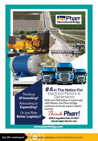 Pharr_International_ad0515.indd 1 5/4/15 3:14 PMGot 3PL challenges?  Get free expert solutions at inboundlogistics.com/3pl
 