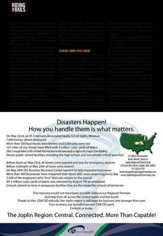 62  Inbound Logistics • May 2015
RIDING
RAILSTHE
workers in industry-specific skill sets, and
our ability to provide the flexibility and
customization that companies require sets
us apart,” Lambert says. “Additionally, the
friendly, hard-working people of Kentucky
possess an unbridled spirit that can boost
any company’s bottom line.”
Moreover, the Cabinet of Economic
Development stands ready to help compa-
nies make the best of the state’s economic
and logistical assets. The Cabinet admin-
isters programs that support and promote
economic development, primarily by
attracting new industries to the state, assist-
ing in the expansion of existing industries,
leading a statewide network of support
for entrepreneurs, small-business owners,
and knowledge-based startup entities, and
assisting communities in preparing for eco-
nomic development opportunities.
It all adds up to the three Rs of logistics:
right people, right place, right time.
“Kentucky is open for business and wants
to be a strategic partner with both new and
existing companies to create opportunities
for all,” Lambert says. “Whether a com-
pany is looking for a competitive tax
climate, progressive incentive programs, an
ideal location, or an unsurpassed quality of
life, Kentucky offers the can-do workforce
and business climate companies need
to succeed.”
FLORIDA: SUNNY SKIES AHEAD
In Florida, prospects are bright and
sunny for an ever-improving rail intermo-
dal future. A noteworthy case in point is
Florida East Coast Railway (FECR), which
operates 351 miles of mainline track along
the east coast of Florida, with direct rail
access to South Florida’s ports.
FECR also serves five intermodal termi-
nals and provides full-service drayage. The
railway moves intermodal loads and car-
load commodities from pulp and paper to
aggregate and automobiles.
“We convert over-the-road (OTR) truck
service to intermodal by providing what
we call ‘time-definite services,’” says Jim
Hertwig, FECR’s president and CEO. “We
have six trains moving south and six trains
moving north every day. If a shipper misses
the cutoff, there’s another train in five or
six hours.
“The key to competing with other modes
is the frequency of the FECR train sched-
ule,” he adds.
The density of Florida’s population –
the state has now surpassed New York as
the third most dense population in the
United States – makes the rail alterna-
tive especially important. The Case for
Intermodal in South Florida, a study con-
ducted by Logistics Capital  Strategy for
FECR, underscores that point.
“Trucking companies have increasingly
turned to intermodal as a reliable and
cost-effective option for managing freight
flows in South Florida,” the study says.
“Intermodal offers carriers a ‘truck-like’ ser-
vice into South Florida without the hassle
of congestion or retrieving backhaul loads.
“Furthermore,” the study continues,
“intermodal accommodates the transporta-
tion of consumer goods (food, household
 