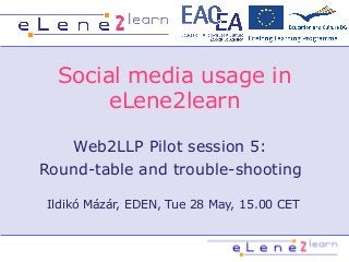 Social media usage in
eLene2learn
Web2LLP Pilot session 5:
Round-table and trouble-shooting
Ildikó Mázár, EDEN, Tue 28 May, 15.00 CET
 