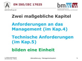 EN ISO/IEC 17025
Zwei maßgebliche Kapitel
Anforderungen an das
Management (im Kap.4)
Technische Anforderungen
(im Kap.5)
bilden eine Einheit
3. Erfahrungsaustausch
Akkreditierung - Metras 5Akkreditierung - Managementsystem
 