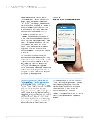 10 ILDS 2018 Annual Report  Plan
Career Outcomes Partnership (Career
Pathways  Talent Pipeline Management)
A data sharing partnership between IDES,
ISAC, IBHE, ICCB, and Illinois State University
has developed two tools built on a linkage of
postsecondary and career outcomes: the
IL College2Career tool mobile app and an
institutional microdata research portal.
In Beta as of summer 2018, the IL
College2Career tool offers information on
2- and 4-year postsecondary institutions in
Illinois to prospective college students, their
parents, and other stakeholders. That infor-
mation will include, for the first time in
Illinois, career outcomes of graduates by
program of study and institution. The
partnership expects a full launch of the tool
in fall 2018.
The partnership is also developing an
institutional microdata research portal. The
portal will provide researchers with access to
student-level records with both postsecon-
dary and career outcomes. Accessible in a
secure, SAS Visual Analytics-supported
virtual environment, the records will facilitate
analyses beyond what is possible via the IL
College2Career tool. Full launch of the portal
is expected by the end of 2018.
Health Science Pathway Project (Career
Pathways  Talent Pipeline Management)
Undertaken by NIU, the Health Science
Pathway Project integrates records from ISBE,
ICCB, and IDES to describe and produce
distinct counts of students participating in the
health science career pathway pipeline from
high school to community college and into the
workforce. Broadly, it should inform similar
work to describe additional career pathways
as well as identify data quality issues possibly
addressed by the participating agencies.
The analysis will describe two distinct cohorts:
Cohort 1, which follows health science pathway
participants from high school through the
transition to, and enrollment in community
college; and Cohort 2, which focuses on
students’ postsecondary outcomes.
ISBE and ICCB have transferred data for Cohorts
1 and 2, respectively, to NIU for linkage and
analysis.
II. ILDS Governance Activities (continued)
FIGURE 4
Selection Screen, IL College2Career Tool
Source: State of Illinois
 