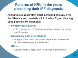 Patterns of HRU in the years
preceding their IPF diagnosis
•  All markers of respiratory HRU increased annually over
the 10-years and quarterly within the last 2 years leading
up to patient’s IPF diagnosis:
o  Primary care events
–  LR consultations, LR antibiotics and oral steroids (acute and
maintenance)
o  Secondary care attendances
–  Hospital admissions, Out patient department attendances,
Accident & emergency attendances
o  Other:
–  Cough events, Chest X-rays, Incidence of pneumonia
 