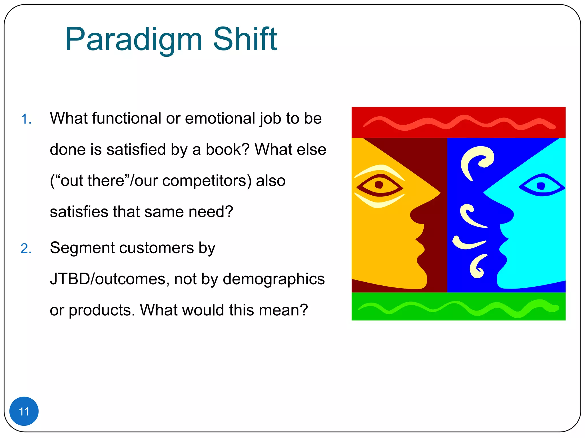 Paradigm Shift
1.

What functional or emotional job to be
done is satisfied by a book? What else
(“out there”/our competitors) also
satisfies that same need?

2.

Segment customers by
JTBD/outcomes, not by demographics
or products. What would this mean?

11

 