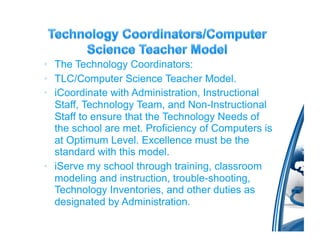 •  The Technology Coordinators:
•  TLC/Computer Science Teacher Model.
•  iCoordinate with Administration, Instructional
   Staff, Technology Team, and Non-Instructional
   Staff to ensure that the Technology Needs of
   the school are met. Proficiency of Computers is
   at Optimum Level. Excellence must be the
   standard with this model.
•  iServe my school through training, classroom
   modeling and instruction, trouble-shooting,
   Technology Inventories, and other duties as
   designated by Administration.
 