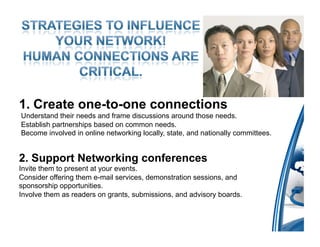 1.  Create one-to-one connections
Understand their needs and frame discussions around those needs.
Establish partnerships based on common needs.
Become involved in online networking locally, state, and nationally committees.


2. Support Networking conferences
Invite them to present at your events.
Consider offering them e-mail services, demonstration sessions, and
sponsorship opportunities.
Involve them as readers on grants, submissions, and advisory boards.
 