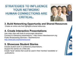 3. Build Networking Opportunity and Shared Resources
Create an online site that highlights shared resources.

4. Create Interactive Presentations
Use video clips with tools to encourage interaction:
Connect to interactive presentations —http://www.videoclassroom.org
Public Broadcasting Services—Teachersource:
http://www.pbs.org/teachersource/

5. Showcase Student Stories
Include student work in conference presentations.
Support the stories on a Web site.
Create “local” stories that could be used in their member newsletter or
 publications.
 